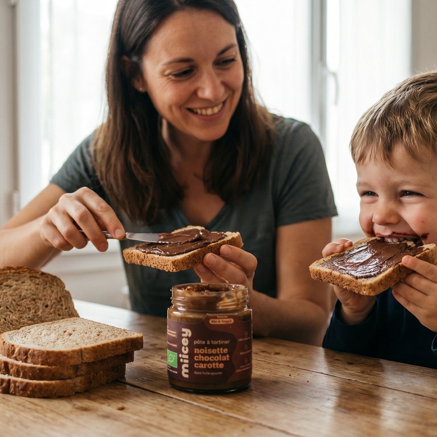 Une maman tartine une tranche de pain avec MIICEY Noisette chocolat carotte pendant que son fils croque la sienne.