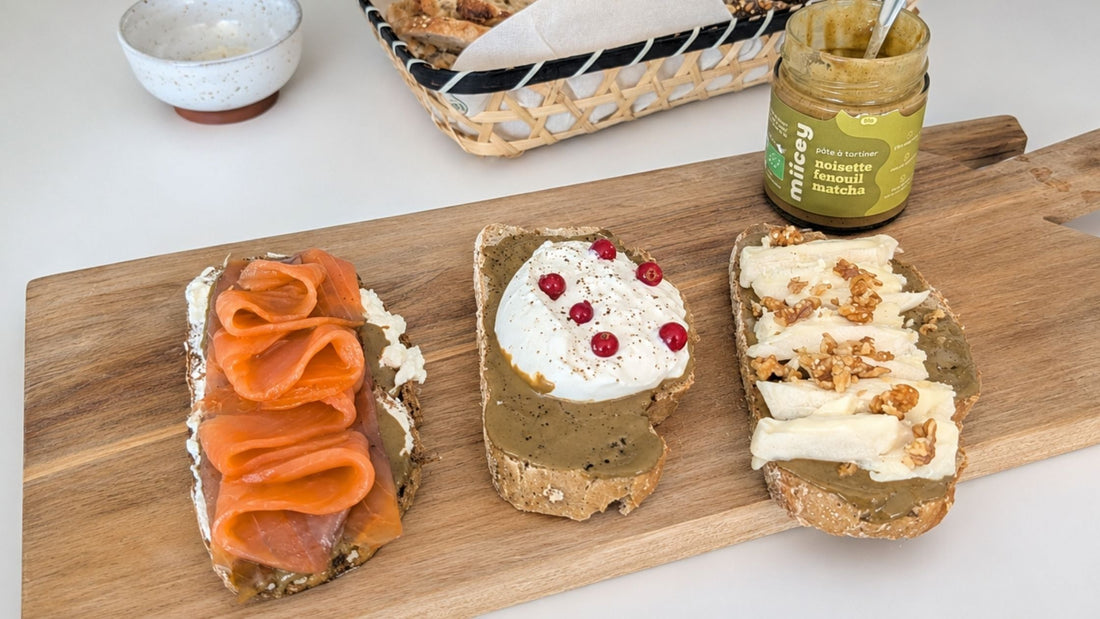 3 tartines apéritives Noisette · Fenouil · Matcha