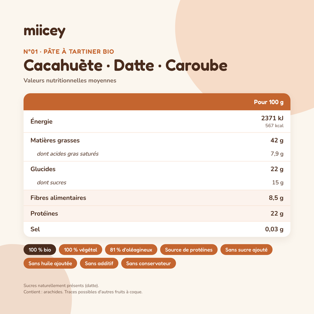 Pâte à tartiner bio Cacahuète Datte Caroube – 200g