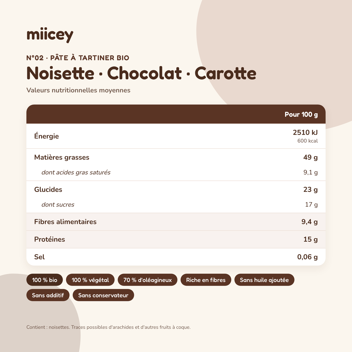 Pâte à tartiner bio Noisette Chocolat Carotte – 200g