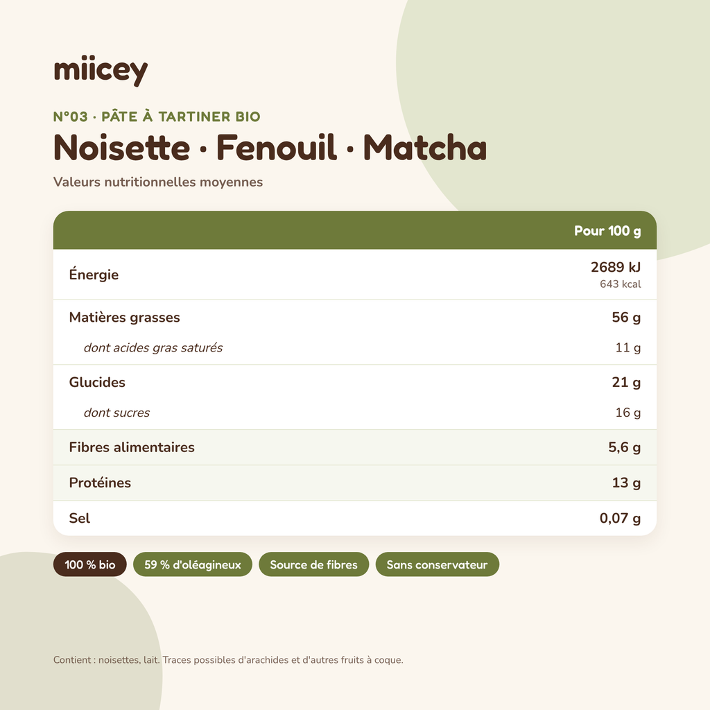 Pâte à tartiner bio Noisette Fenouil Matcha – 200g